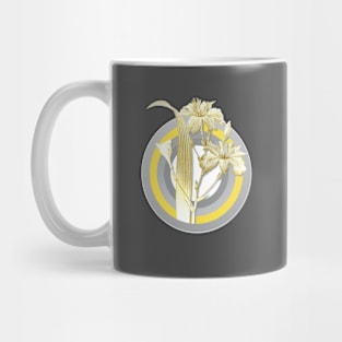 Botanical Illustration Butterfly Flower Iris in Gray and Yellow Mug